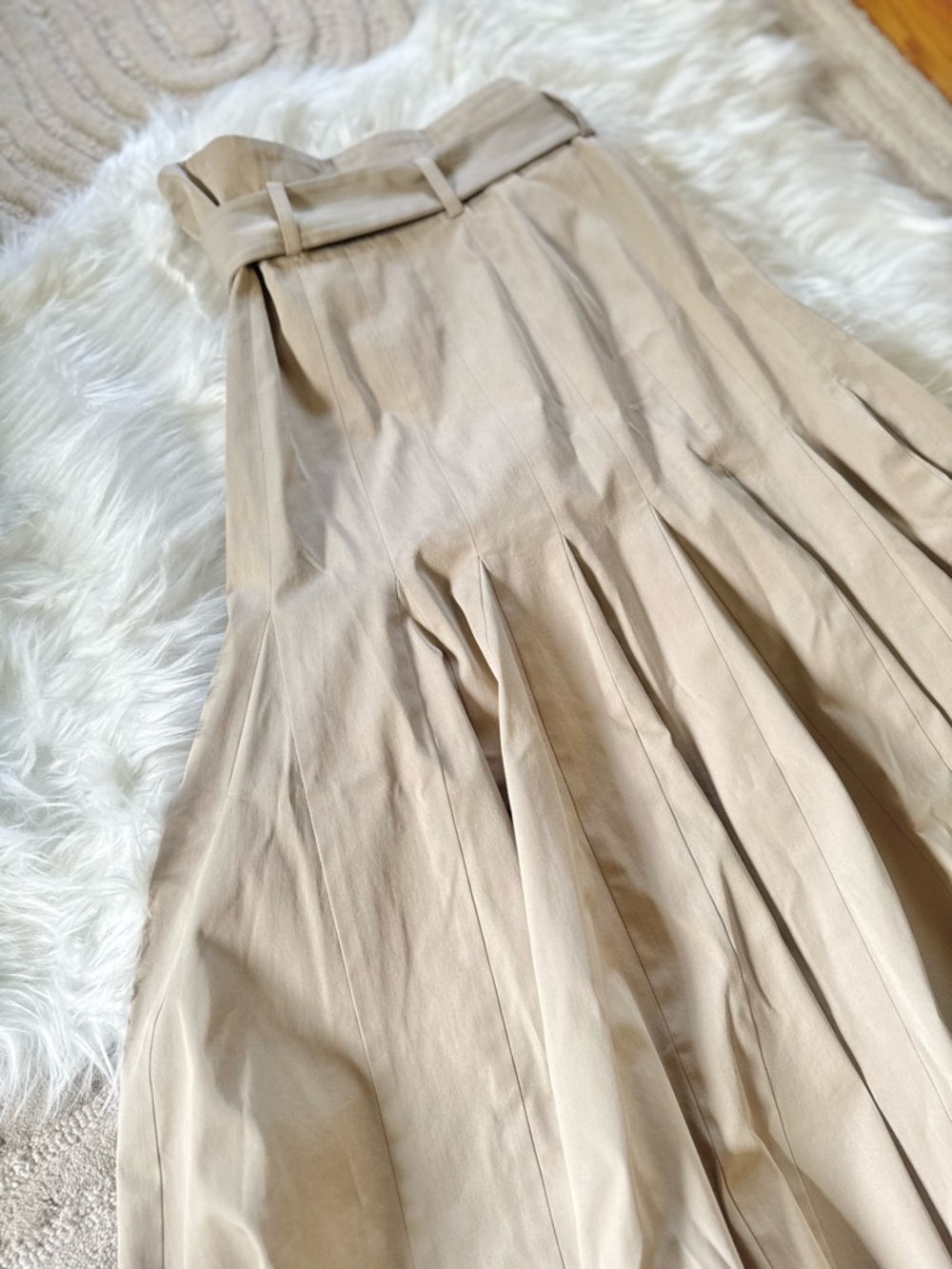 Another Tomorrow Drop-Waist Pleated Khaki Midi Skirt - Picture 8 of 13